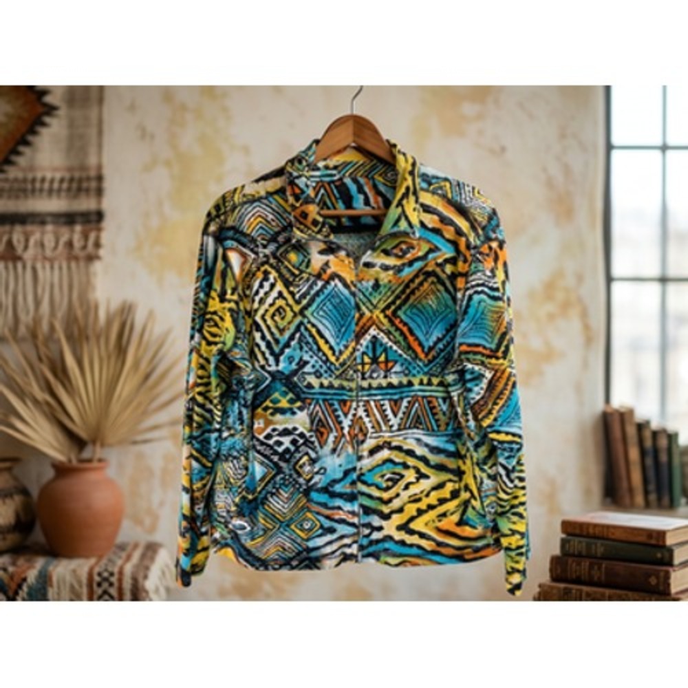 Chico's Jacket Size 3 Boho Geometric Multicolor Cotton Long Sleeve Blazer Coat